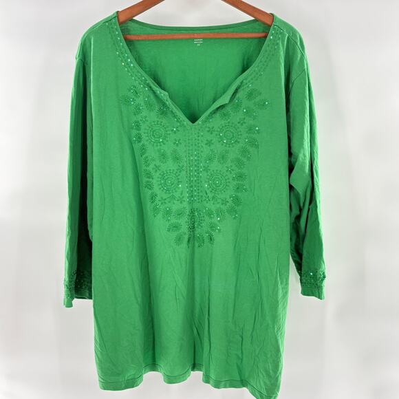 Laura Scott Embroidered Sequin Tunic Top 3X Green Boho Coastal Shirt Blouse - Picture 1 of 7